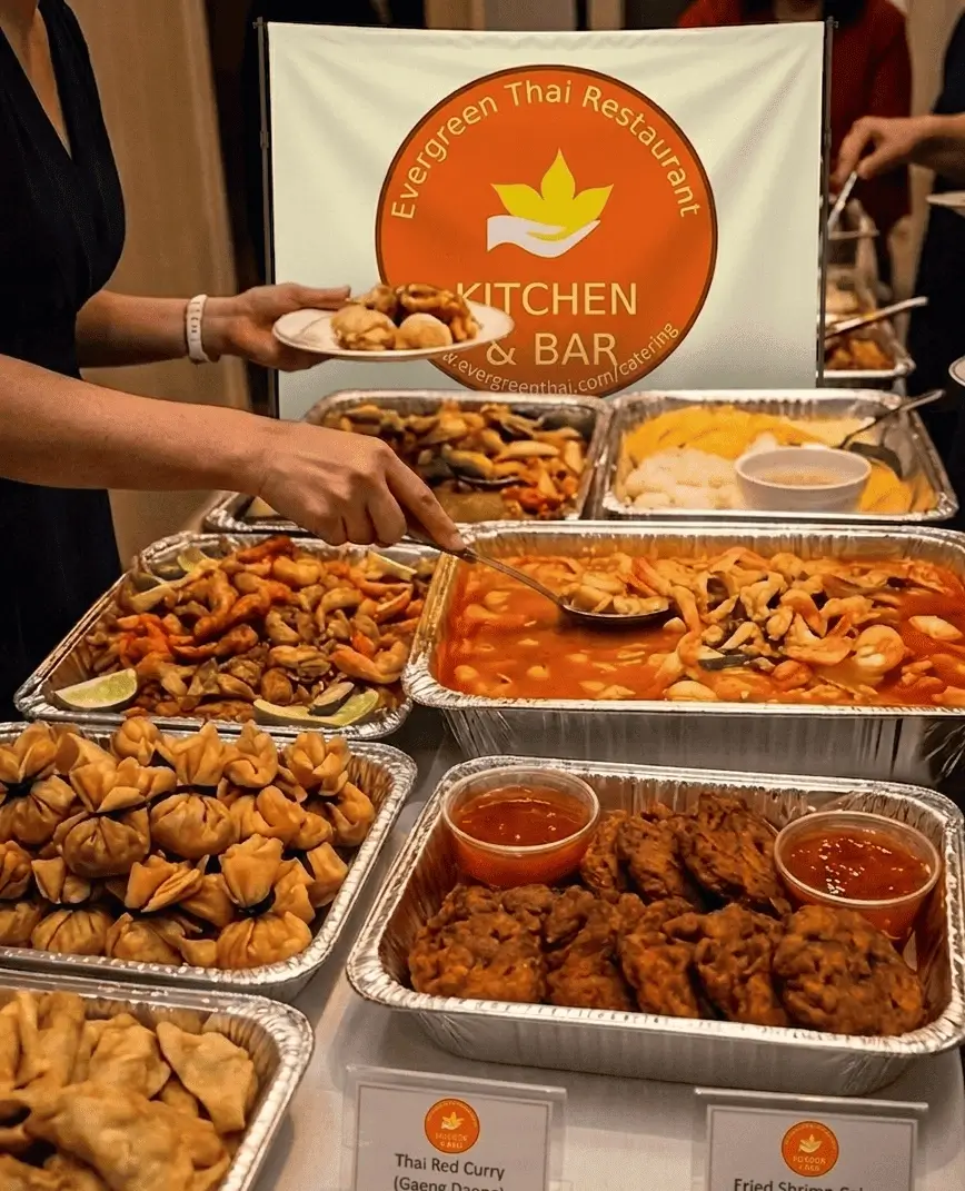 Evergreen Thai catering poster showing party trays for office lunches parties family gatherings and special occasions