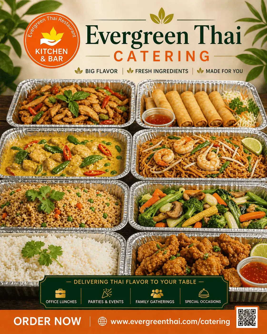 Guests serving themselves from Thai catering trays at a formal banquet style corporate event