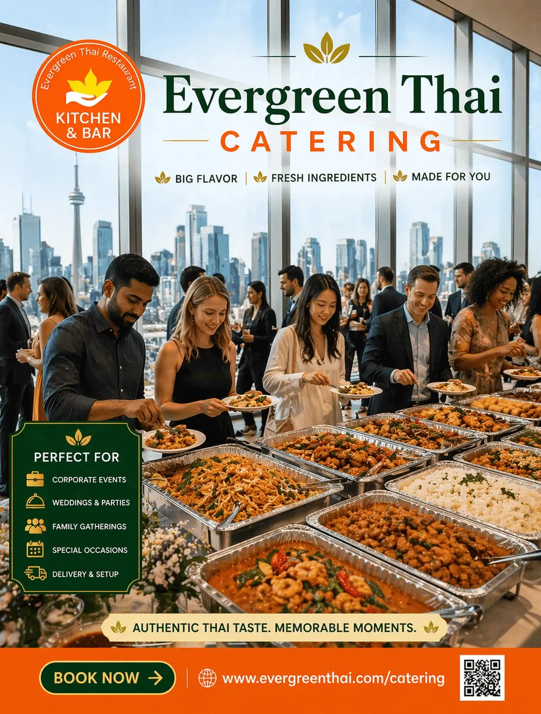 Corporate catering collage with skyline buffet service event guests and Thai party trays
