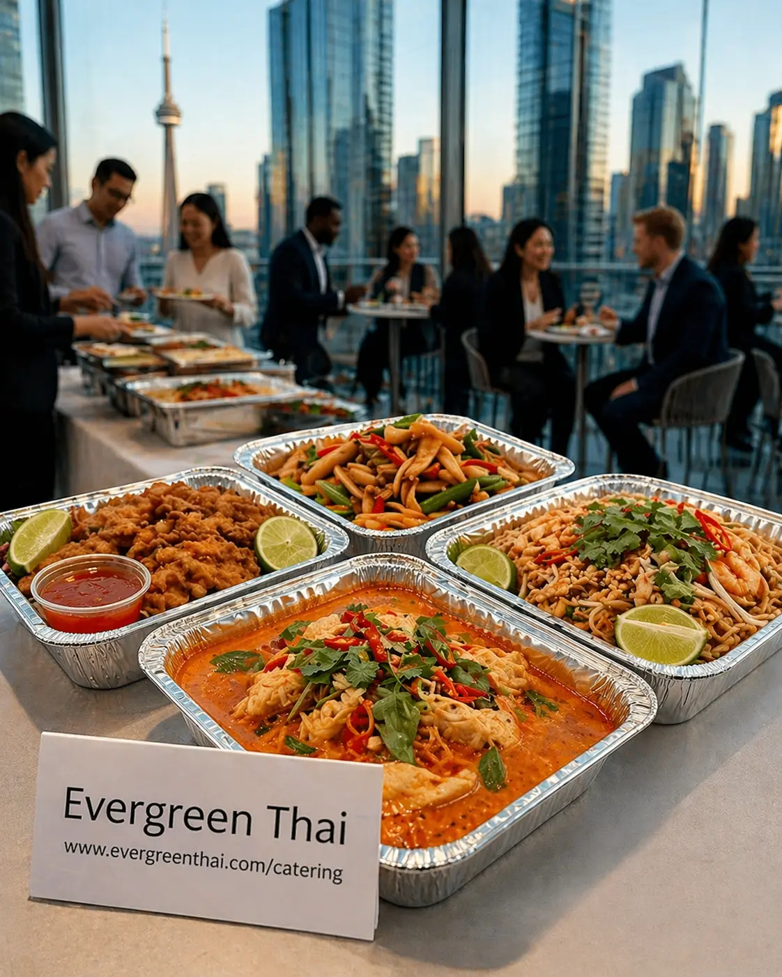 Downtown Toronto office buffet with Evergreen Thai catering trays and skyline background