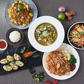 Evergreen Thai shared dishes arranged for a downtown Toronto group meal